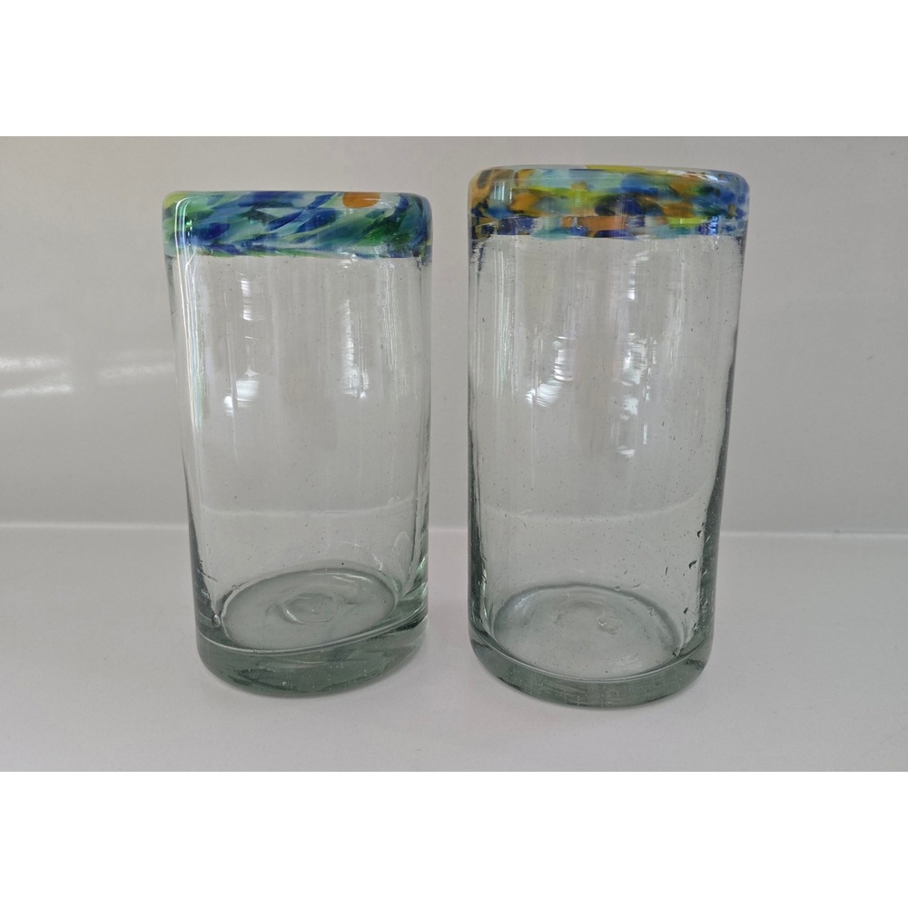 Mexican Hand Blown Highball Glasses Confetti Swirl Rim Recycled Glass Set of 2